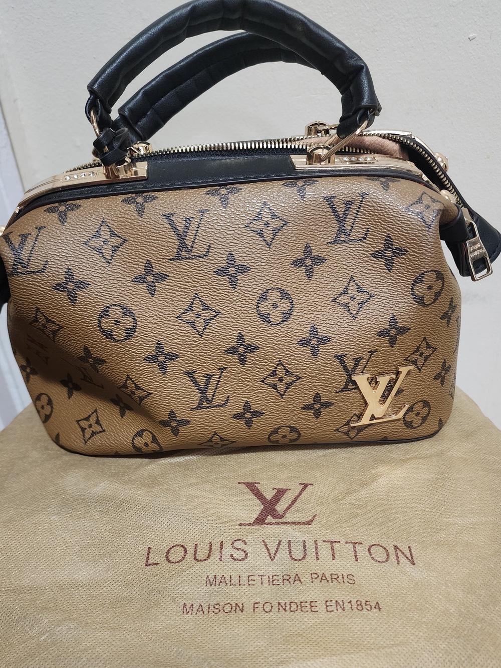 Louis Vuitton Tan Monogram Mini Top-Handle Bag with Black Trim - Picture 2 of 2